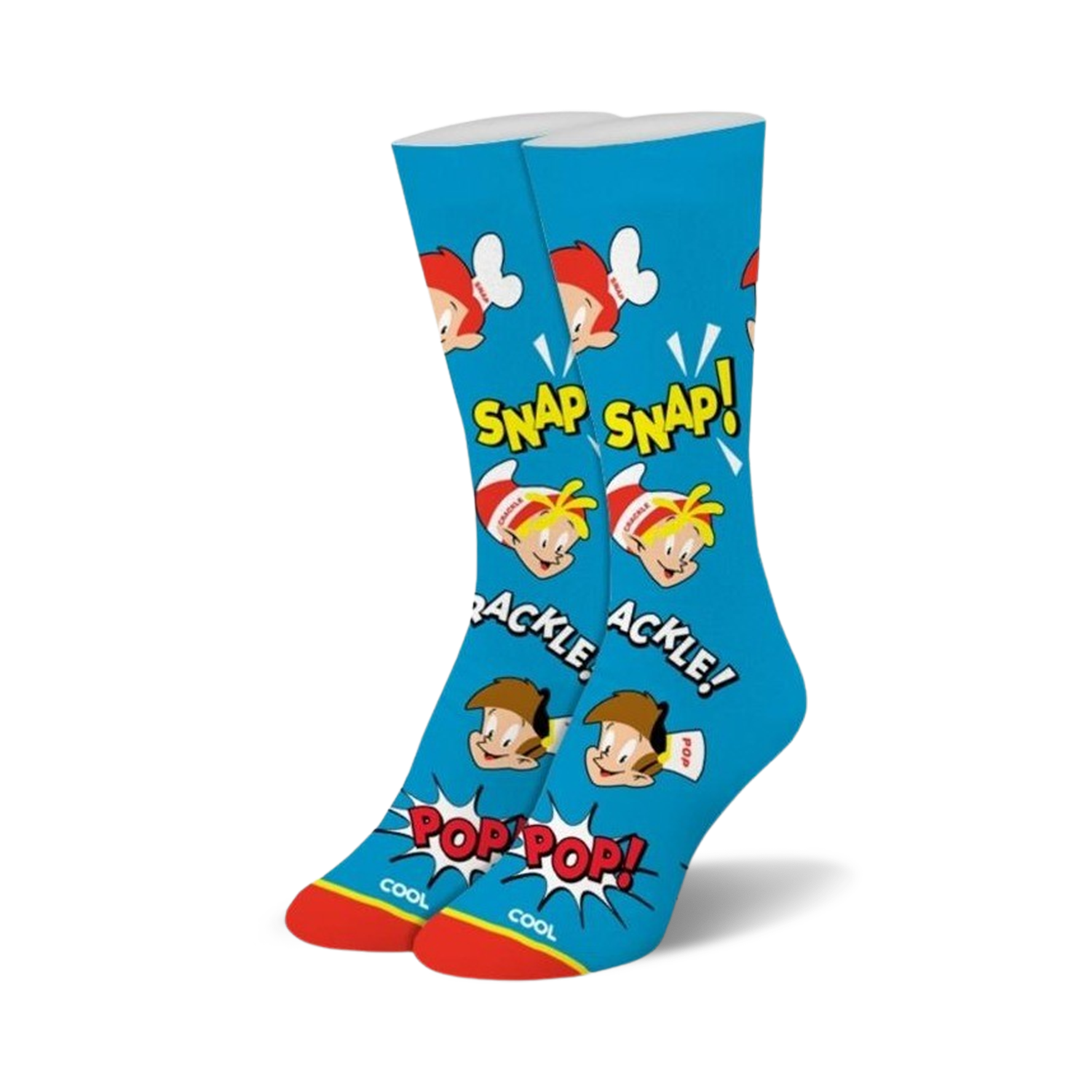 A pair of blue crew socks with Snap, Crackle, and Pop cereal mascots. Red, yellow and brown accents. Comic style design.