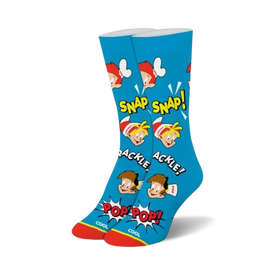 blue women's crew socks with cartoon characters snap, crackle, and pop from rice krispies cereal.   