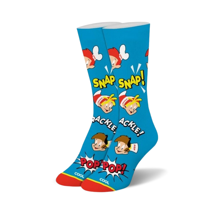 blue women's crew socks with cartoon characters snap, crackle, and pop from rice krispies cereal.    }}