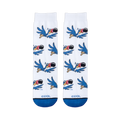 Flat lay of white socks showing a flying cartoon blue bird pattern, solid blue toes, and COOL printed near the bottom.