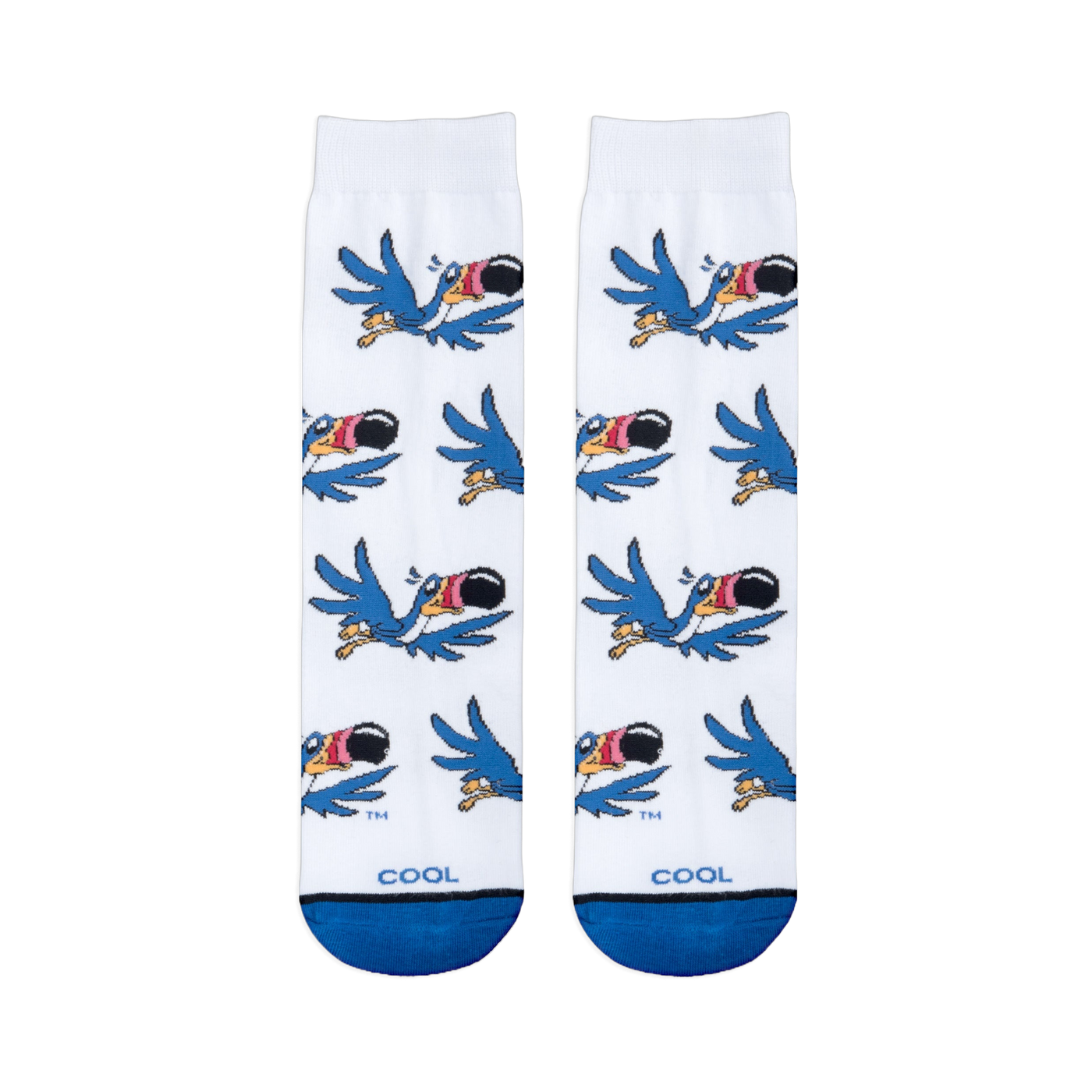 Flat lay of white socks showing a flying cartoon blue bird pattern, solid blue toes, and COOL printed near the bottom.