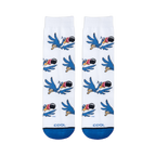 Flat lay of white socks showing a flying cartoon blue bird pattern, solid blue toes, and COOL printed near the bottom.