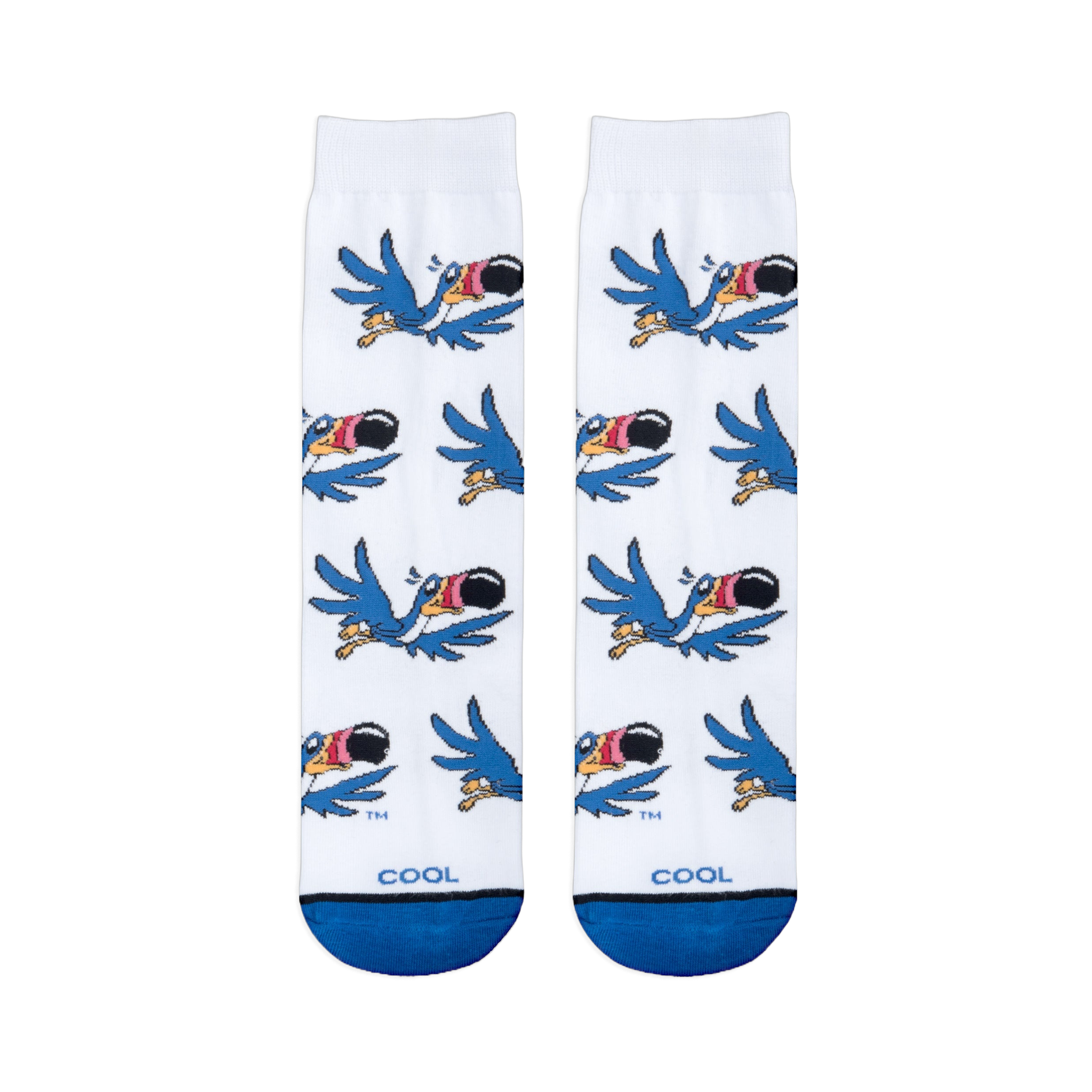 Flat lay of white socks showing a flying cartoon blue bird pattern, solid blue toes, and COOL printed near the bottom.