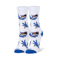 White crew socks featuring a flying cartoon blue bird pattern with a large striped beak, plus solid blue heels and toes.