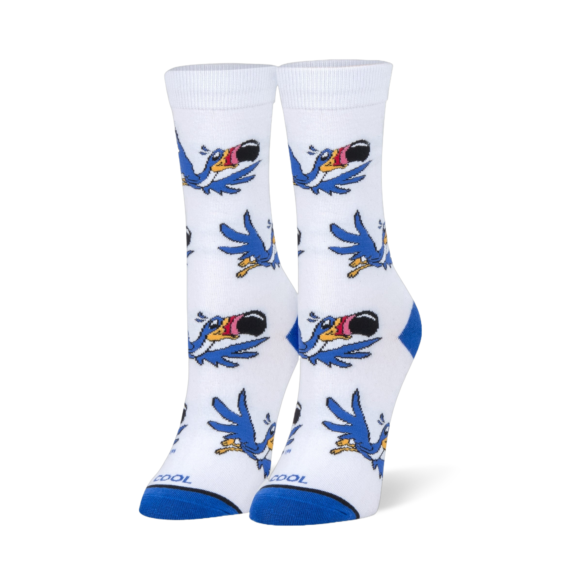 White crew socks featuring a flying cartoon blue bird pattern with a large striped beak, plus solid blue heels and toes.