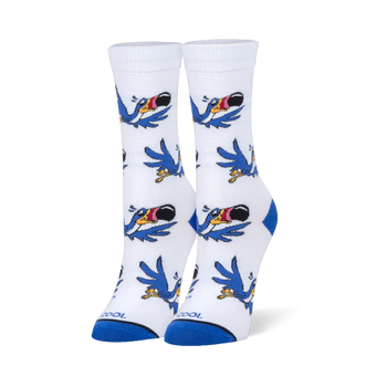 White crew socks featuring a flying cartoon blue bird pattern with a large striped beak, plus solid blue heels and toes.
