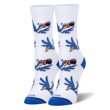 White crew socks featuring a flying cartoon blue bird pattern with a large striped beak, plus solid blue heels and toes.