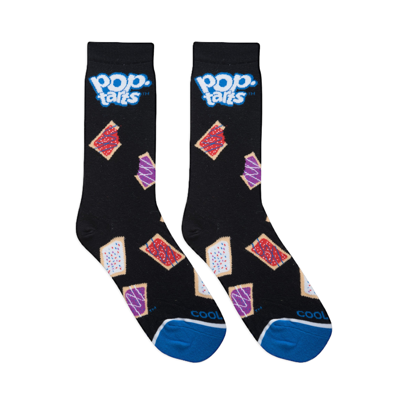 Flat lay of two black Pop-Tarts socks side by side displaying colorful frosted pastries, top logos, and blue toes.