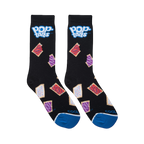 Flat lay of two black Pop-Tarts socks side by side displaying colorful frosted pastries, top logos, and blue toes.