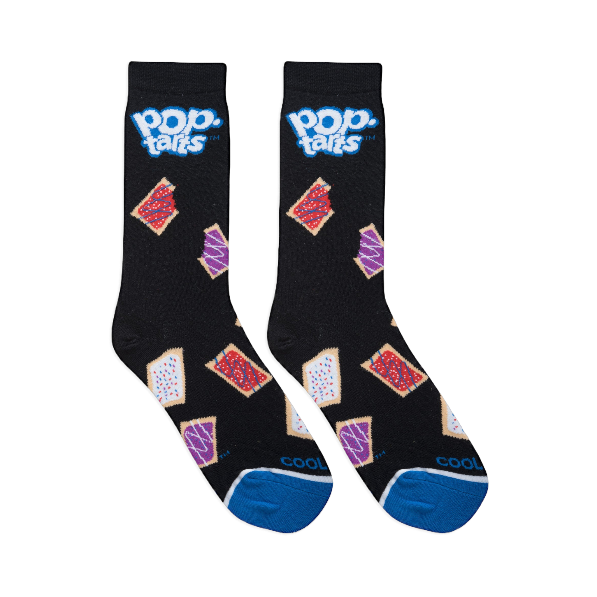 Flat lay of two black Pop-Tarts socks side by side displaying colorful frosted pastries, top logos, and blue toes.