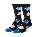 Black crew socks with the Pop-Tarts logo, scattered colorful frosted pastries, and bright blue toes with a white stripe.