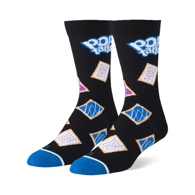 Black crew socks with the Pop-Tarts logo, scattered colorful frosted pastries, and bright blue toes with a white stripe.