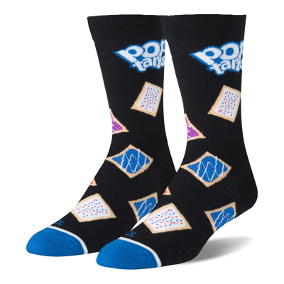 Black crew socks with the Pop-Tarts logo, scattered colorful frosted pastries, and bright blue toes with a white stripe.