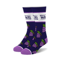 Pair of navy crew socks with purple grapes and a Welch's logo.  Purple cuff and white stripe detail.