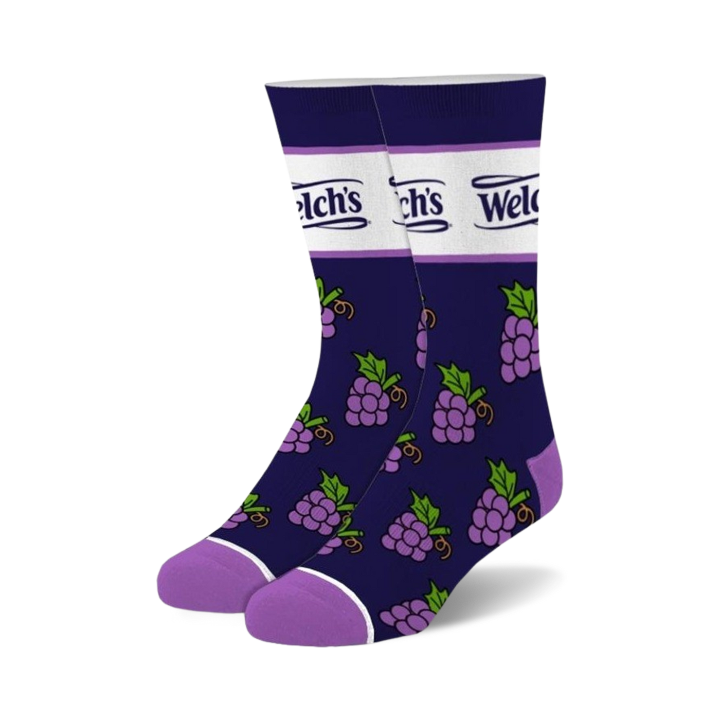 Pair of navy crew socks with purple grapes and a Welch's logo.  Purple cuff and white stripe detail.
