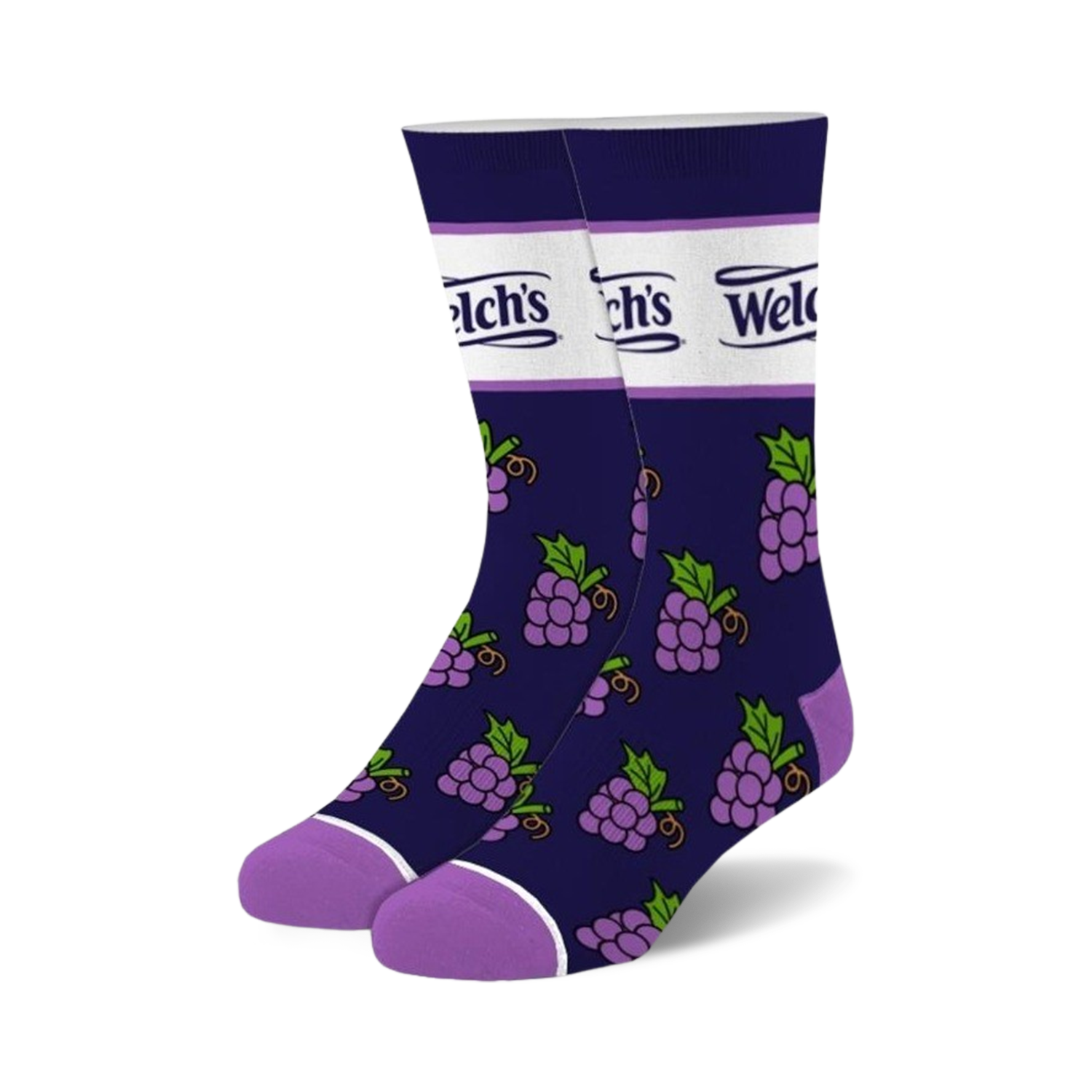 Pair of navy crew socks with purple grapes and a Welch's logo.  Purple cuff and white stripe detail.