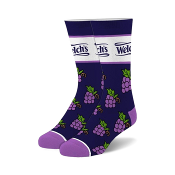 dark blue crew socks with an all-over pattern of purple grapes and green leaves, accented by a white band with purple welch's branding.