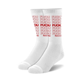 Pair of white crew socks with a repeating red 'Fuck You' print.  Bold and slightly edgy.