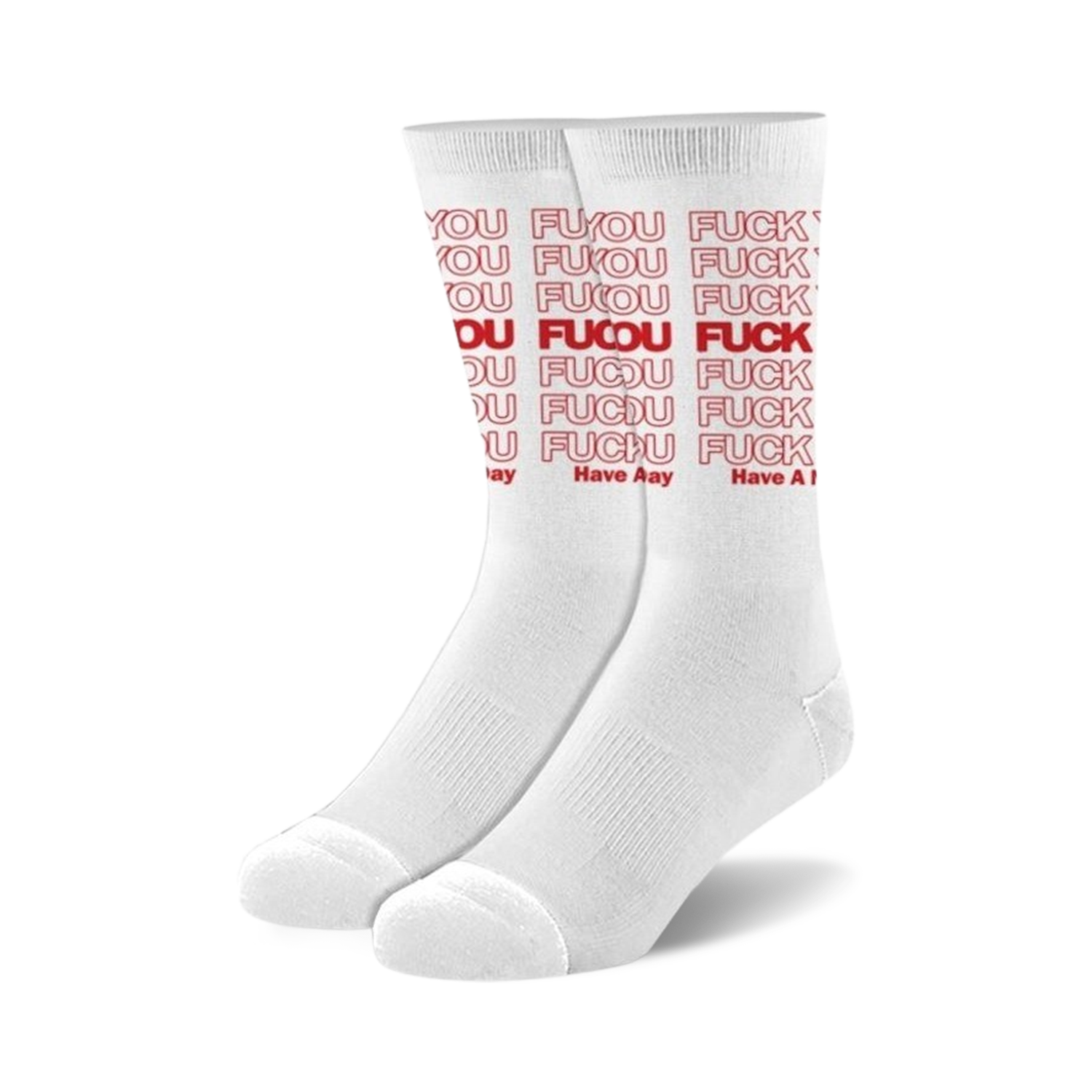 Pair of white crew socks with a repeating red 'Fuck You' print.  Bold and slightly edgy.