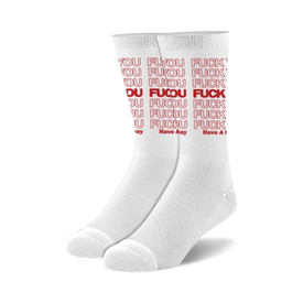 white socks with red text that says "fuck you". crew length. made for men and women.  