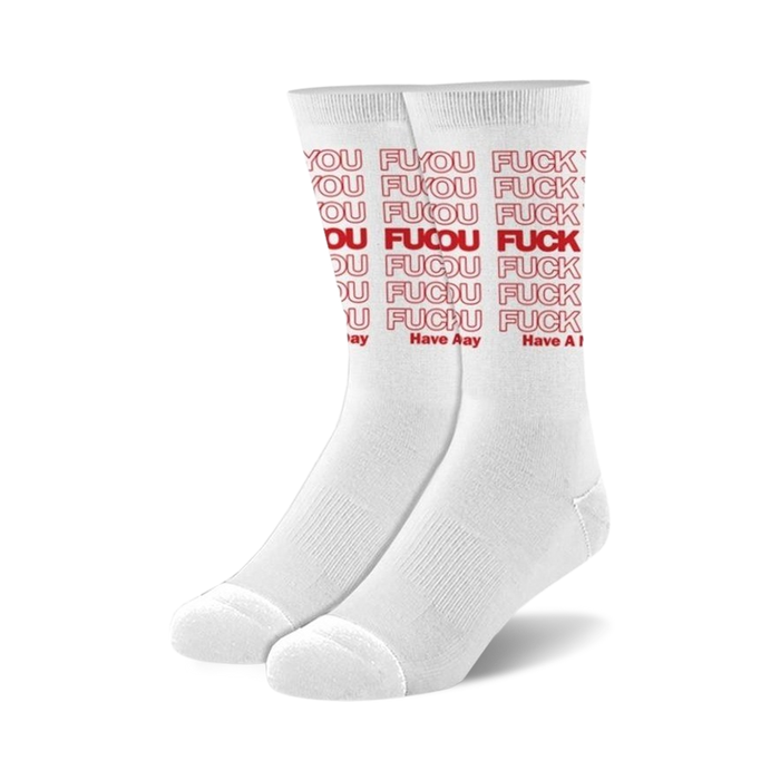 white socks with red text that says 