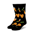 Pair of black crew socks with a fun pattern of orange buffalo wings and green celery stalks.