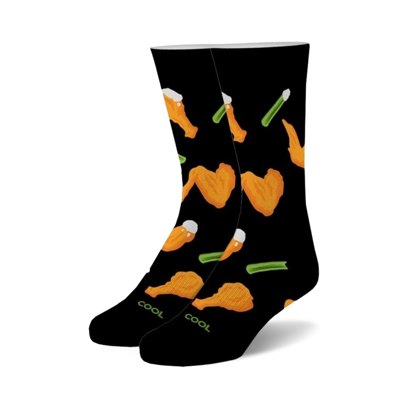 Pair of black crew socks with a fun pattern of orange buffalo wings and green celery stalks.