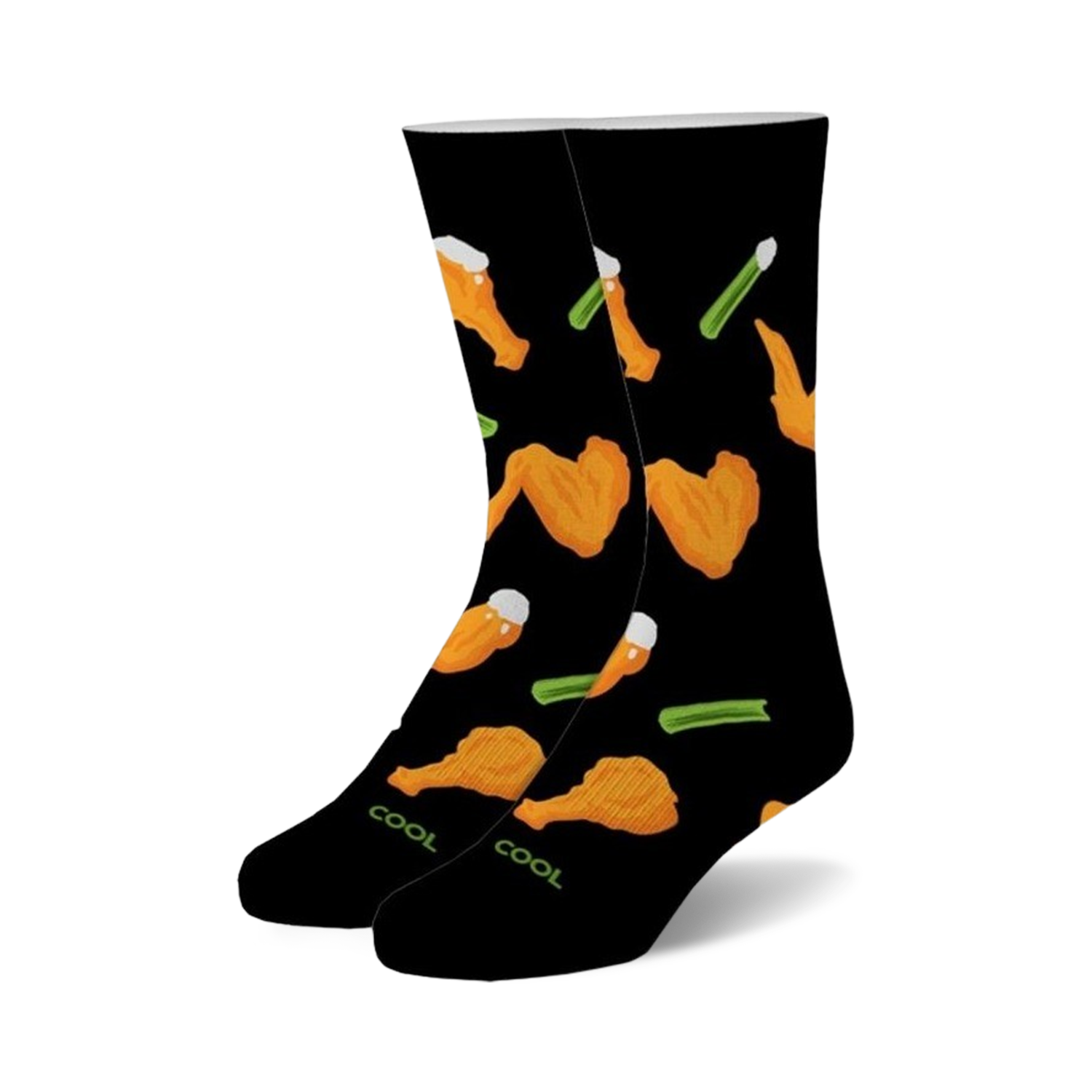 Pair of black crew socks with a fun pattern of orange buffalo wings and green celery stalks.