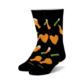 black crew socks with fun buffalo wings, celery sticks, and beer mug design. for men and women.   