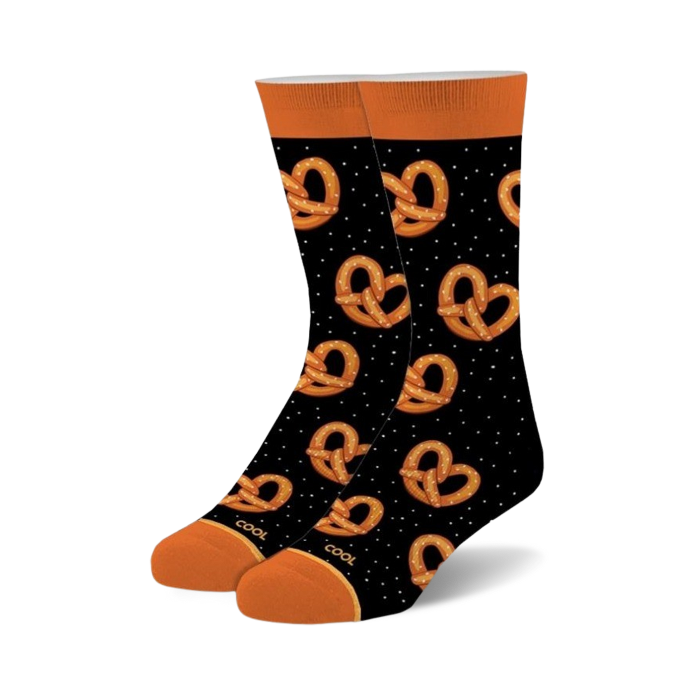 Pair of black crew socks with an all-over pattern of orange pretzels and white dots. Orange cuffs.