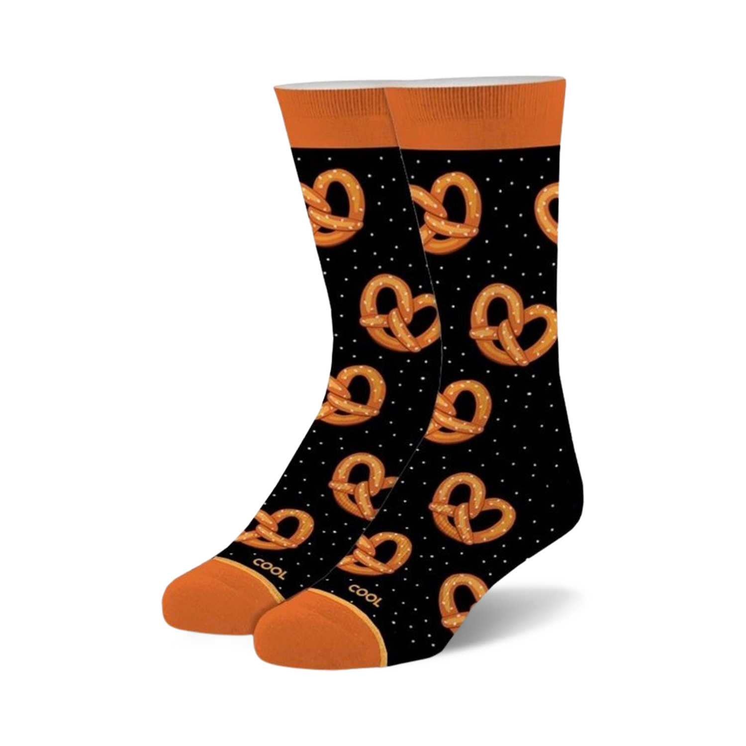 Pair of black crew socks with an all-over pattern of orange pretzels and white dots. Orange cuffs.