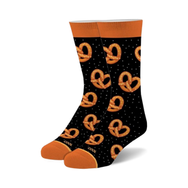 black crew socks with a pattern of pretzels