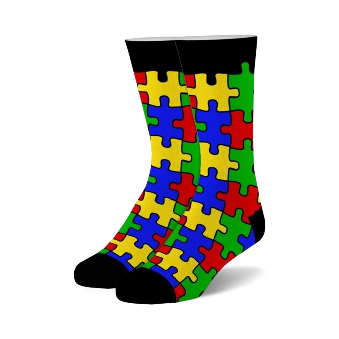 Pair of crew socks with a colorful puzzle piece design. The socks are primarily red, yellow, blue, and green, with black cuffs.