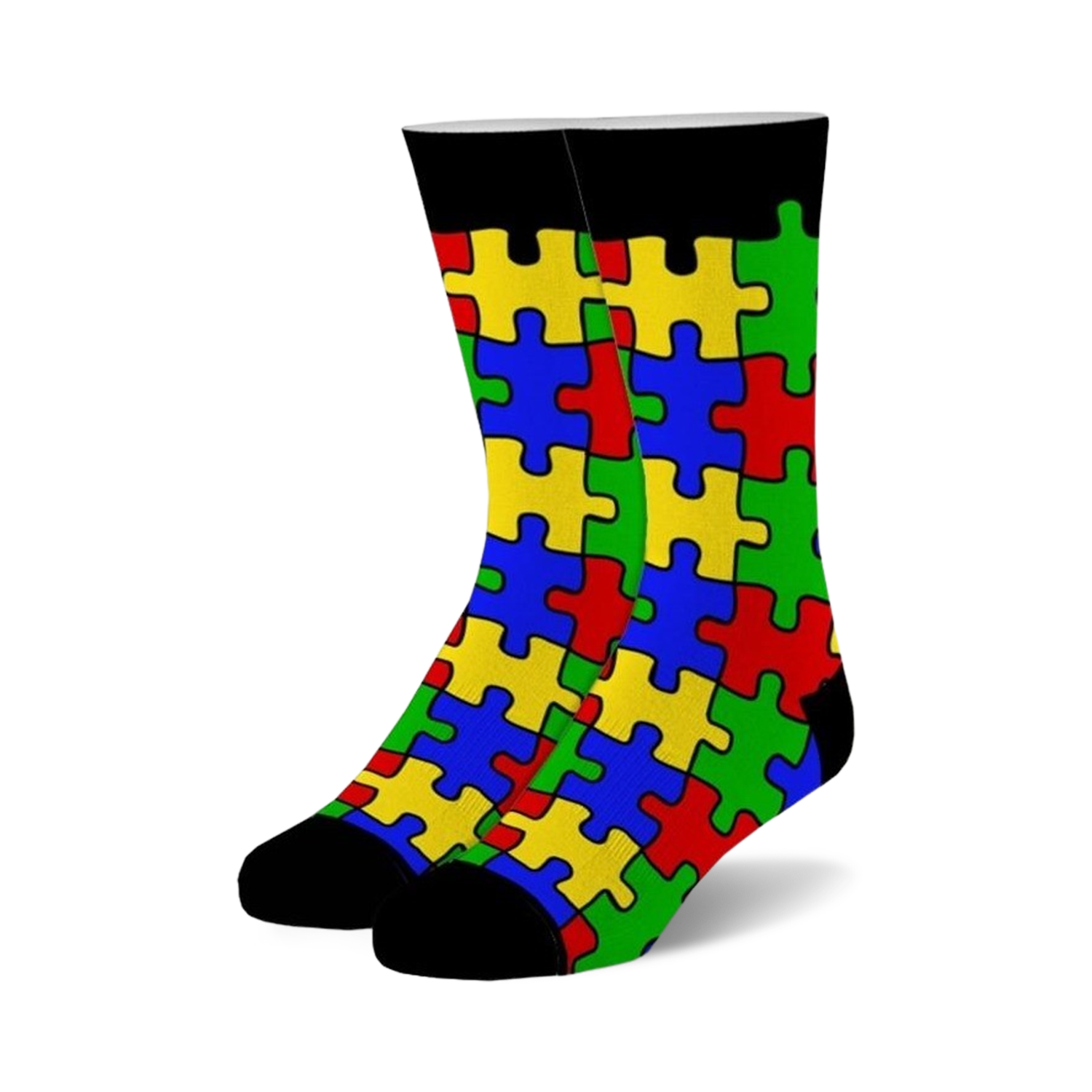 Pair of crew socks with a colorful puzzle piece design. The socks are primarily red, yellow, blue, and green, with black cuffs.