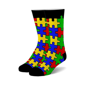 black crew socks with puzzle piece pattern in bright colors; for men and women.  