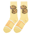 Flatlay showcasing a pair of yellow Golden Retriever socks. The socks feature an illustration of a Golden Retriever's head and the words 'Golden Retriever' on the lower part.