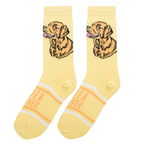 Flatlay showcasing a pair of yellow Golden Retriever socks. The socks feature an illustration of a Golden Retriever's head and the words 'Golden Retriever' on the lower part.