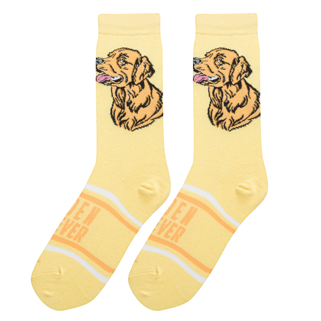Flatlay showcasing a pair of yellow Golden Retriever socks. The socks feature an illustration of a Golden Retriever's head and the words 'Golden Retriever' on the lower part.