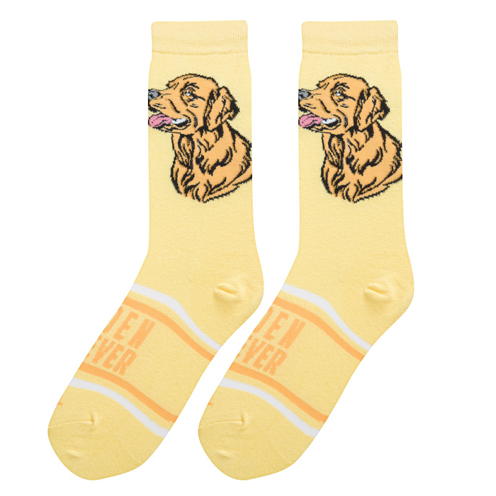 Flatlay showcasing a pair of yellow Golden Retriever socks. The socks feature an illustration of a Golden Retriever's head and the words 'Golden Retriever' on the lower part.