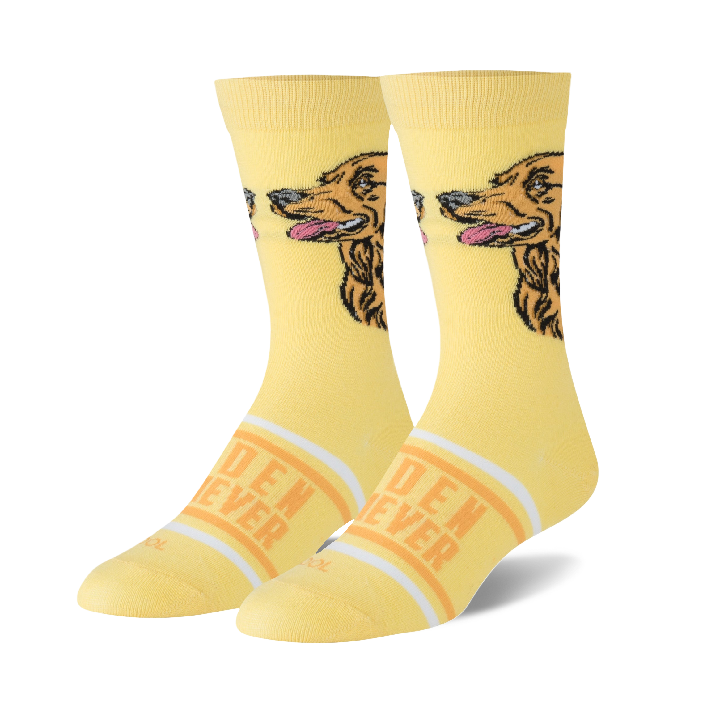 Pair of yellow crew socks with a Golden Retriever's face and 'Golden Retriever' text. 