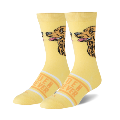 Pair of light yellow crew socks with a detailed Golden Retriever head illustration on each, white stripes, and partial text.