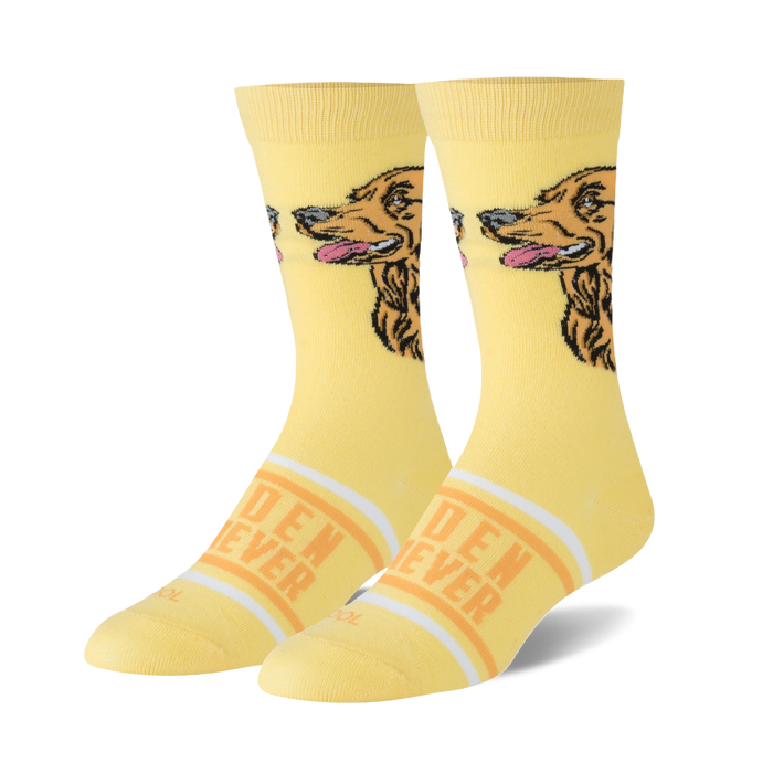 Pair of yellow crew socks with a Golden Retriever's face and 'Golden Retriever' text. 