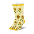 Cream crew socks with a repeating pattern of yellow sunflowers and green stems.  Yellow cuffs. 'Super Cool' subtly printed on toes.