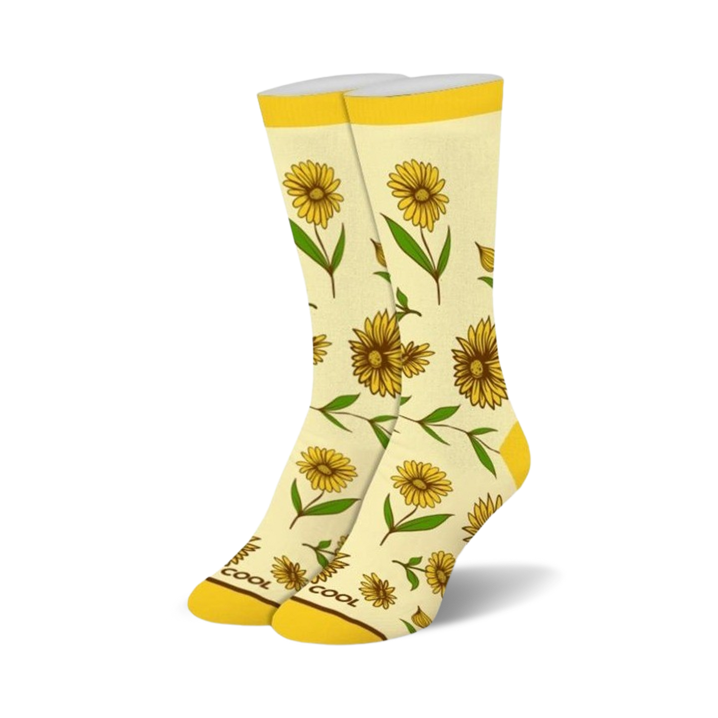 Cream crew socks with a repeating pattern of yellow sunflowers and green stems.  Yellow cuffs. 'Super Cool' subtly printed on toes.