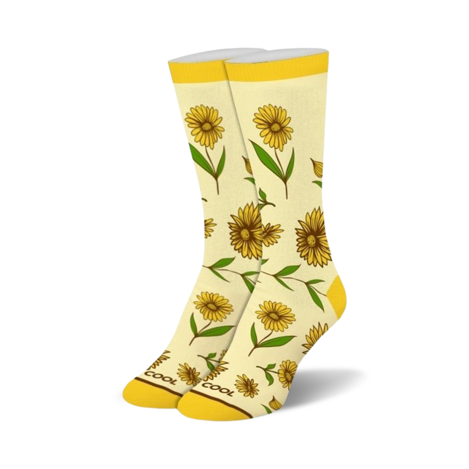 Cream crew socks with a repeating pattern of yellow sunflowers and green stems.  Yellow cuffs. 'Super Cool' subtly printed on toes.
