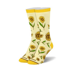 yellow sunflower floral pattern printed cotton blend crew socks for women  