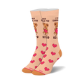 Cream-colored crew socks with pink hearts and brown bears hugging hearts. Text says 'I would cuddle you so hard'.