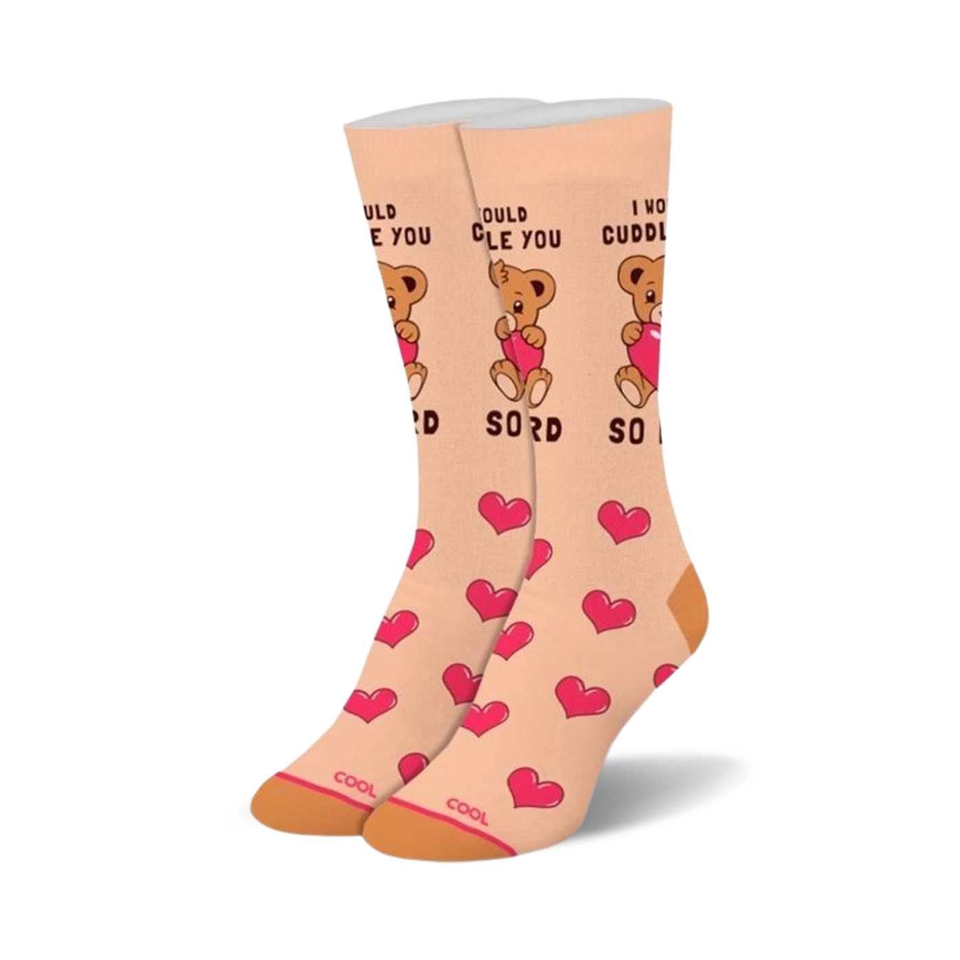 Cream-colored crew socks with pink hearts and brown bears hugging hearts. Text says 'I would cuddle you so hard'.