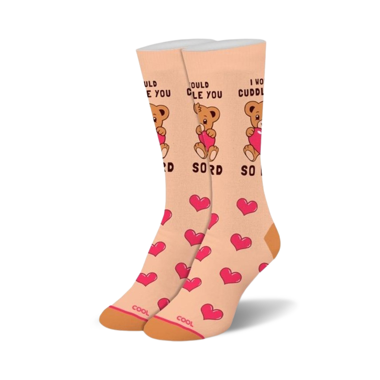Cream-colored crew socks with pink hearts and brown bears hugging hearts. Text says 'I would cuddle you so hard'.