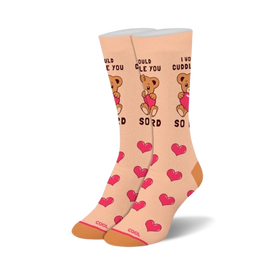 white crew socks with red hearts and the words "i would cuddle you so hard" printed on them. perfect for valentine's day and gift-giving.   